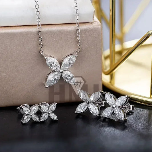 Moissanite Four Leaf Earrings Necklace 100% 925 Sterling Silver Plated 18K Gold Jewelry